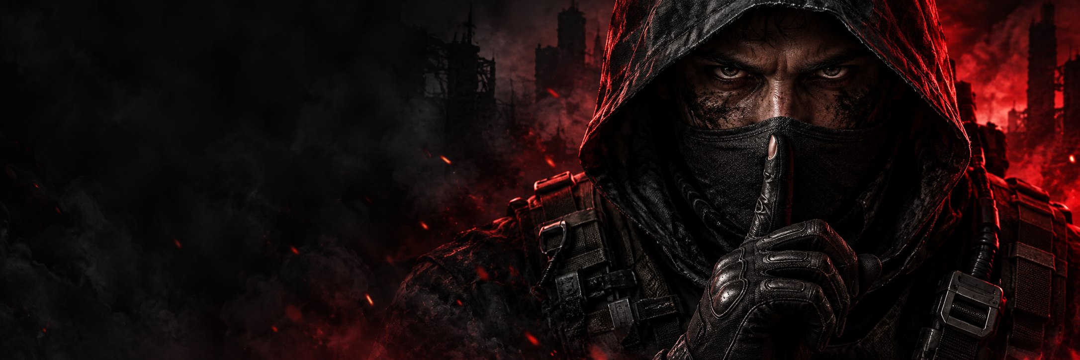 Shhhhh calling card: a hooded operator holds a gloved finger to their lips against a dark crimson backdrop